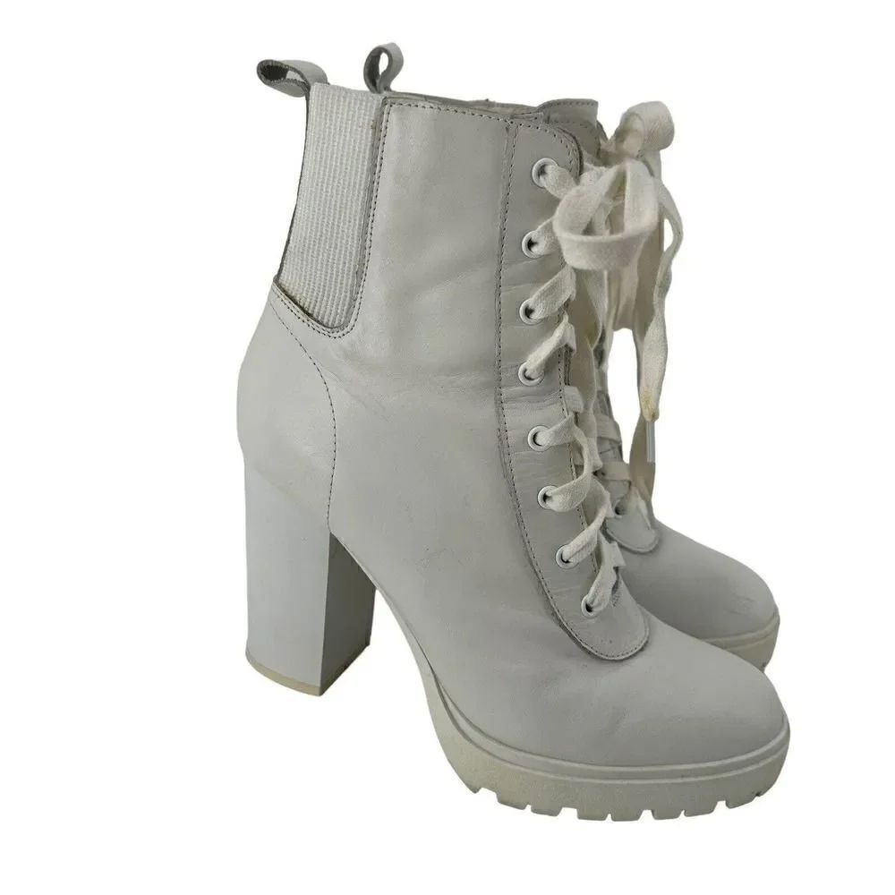 Steve Madden Latch Combat Lace Up White Leather Women Size 8.5 Chunky Heel Boots